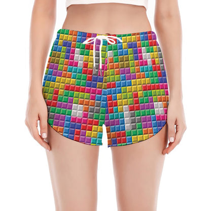 Colorful Brick Puzzle Game Pattern Print Women's Split Running Shorts