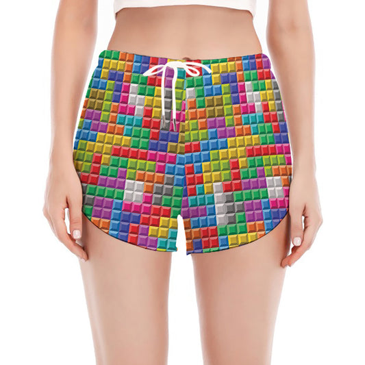 Colorful Brick Puzzle Game Pattern Print Women's Split Running Shorts