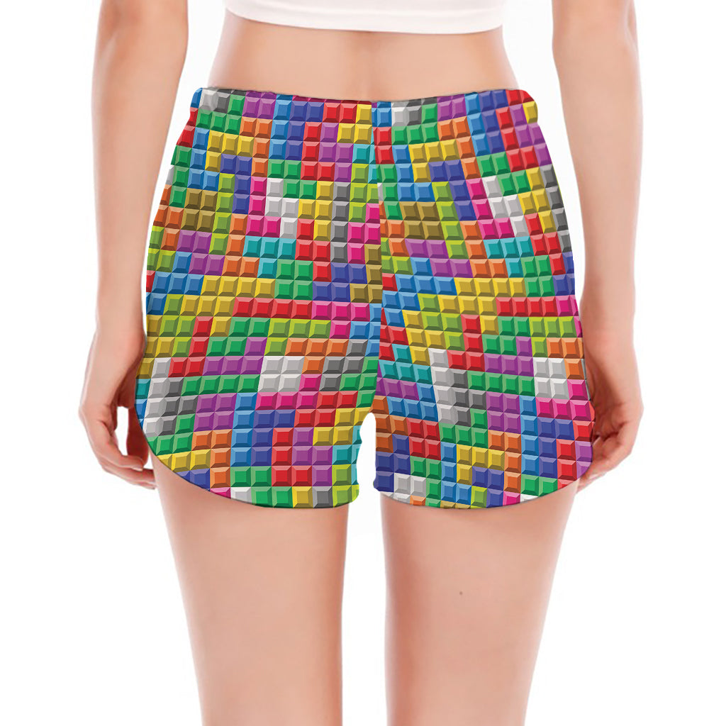 Colorful Brick Puzzle Game Pattern Print Women's Split Running Shorts