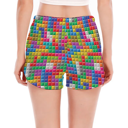 Colorful Brick Puzzle Game Pattern Print Women's Split Running Shorts