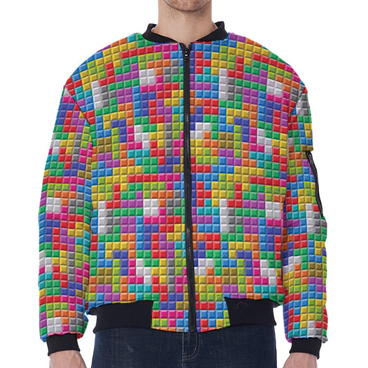 Colorful Brick Puzzle Game Pattern Print Zip Sleeve Bomber Jacket