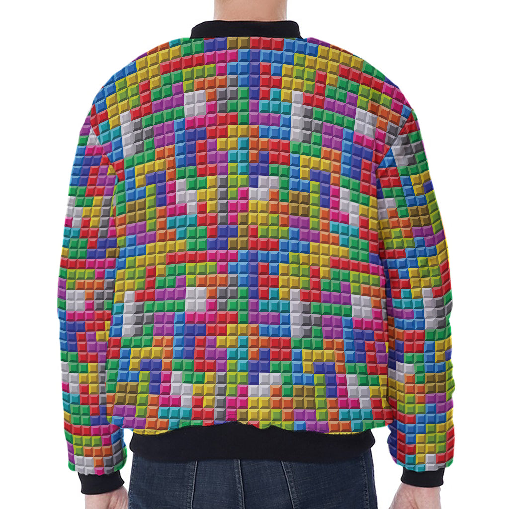 Colorful Brick Puzzle Game Pattern Print Zip Sleeve Bomber Jacket