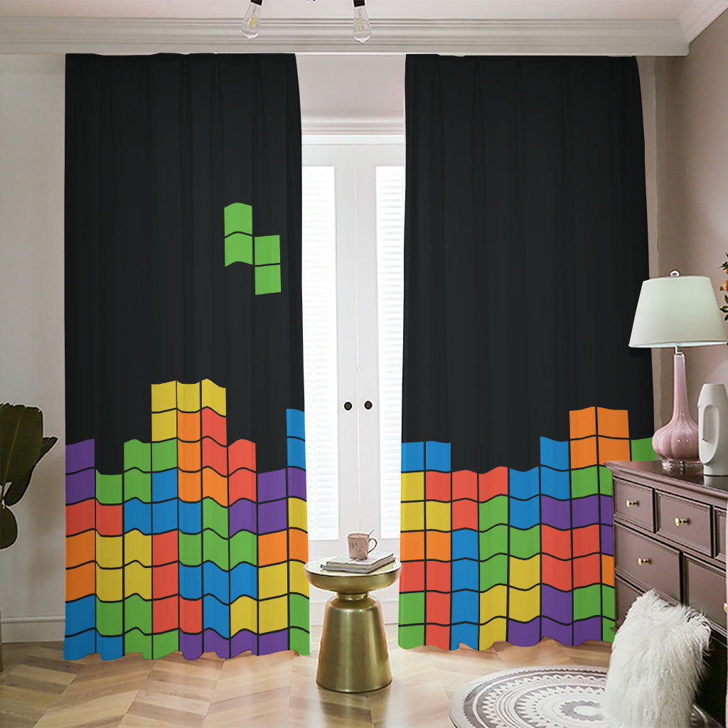 Colorful Brick Puzzle Video Game Print Blackout Pencil Pleat Curtains