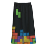 Colorful Brick Puzzle Video Game Print Cotton Front Slit Maxi Skirt