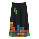 Colorful Brick Puzzle Video Game Print Cotton Front Slit Maxi Skirt
