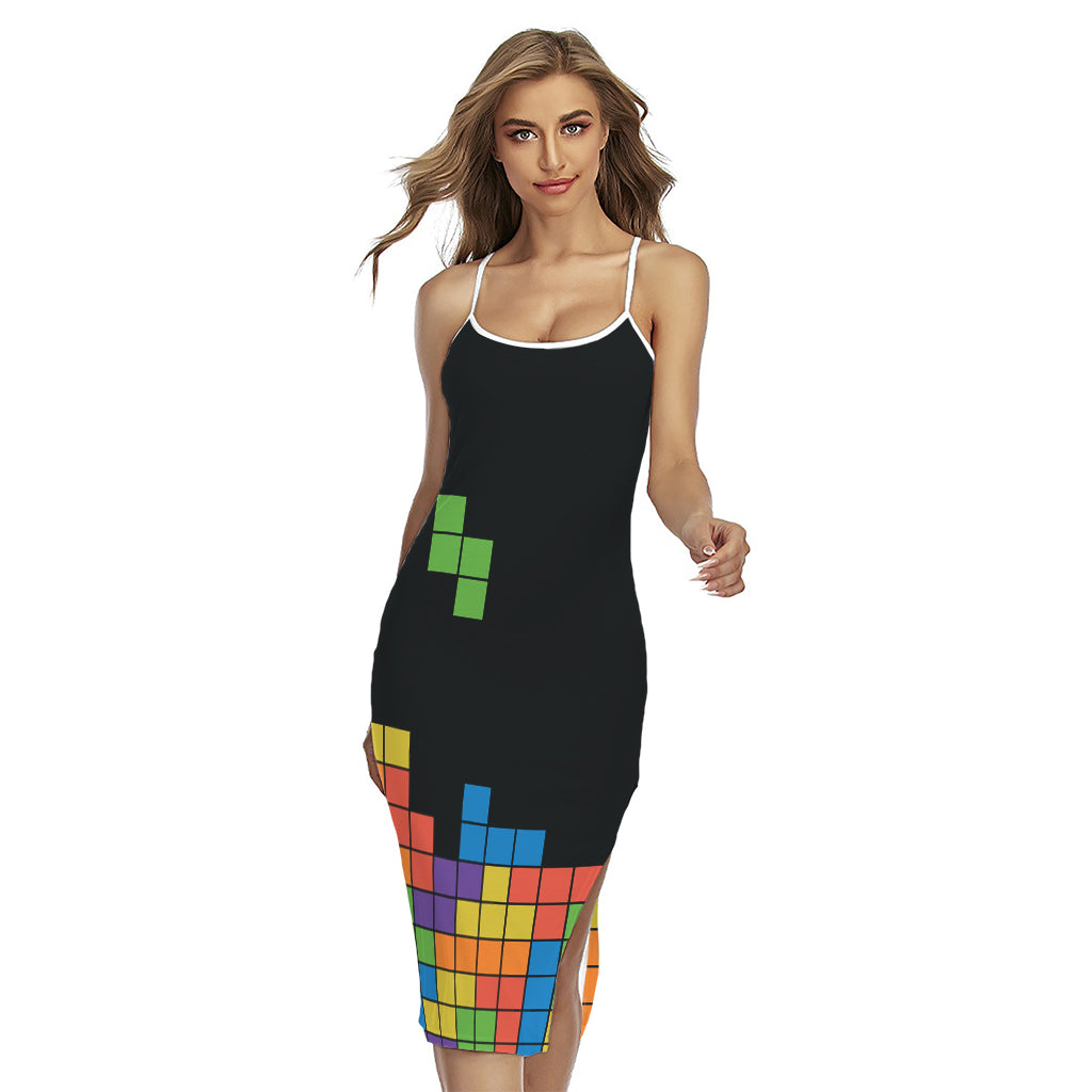 Colorful Brick Puzzle Video Game Print Cross Back Cami Dress