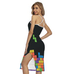 Colorful Brick Puzzle Video Game Print Cross Back Cami Dress