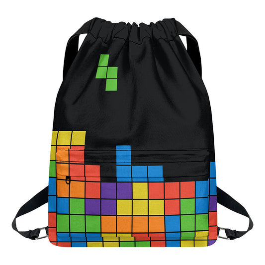 Colorful Brick Puzzle Video Game Print Drawstring Backpack