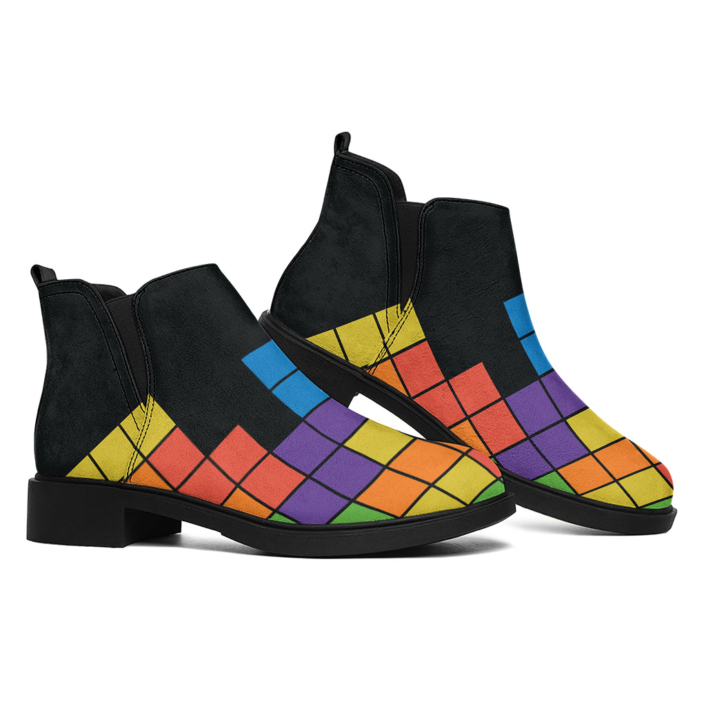 Colorful Brick Puzzle Video Game Print Flat Ankle Boots