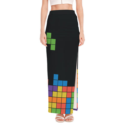 Colorful Brick Puzzle Video Game Print High Slit Maxi Skirt