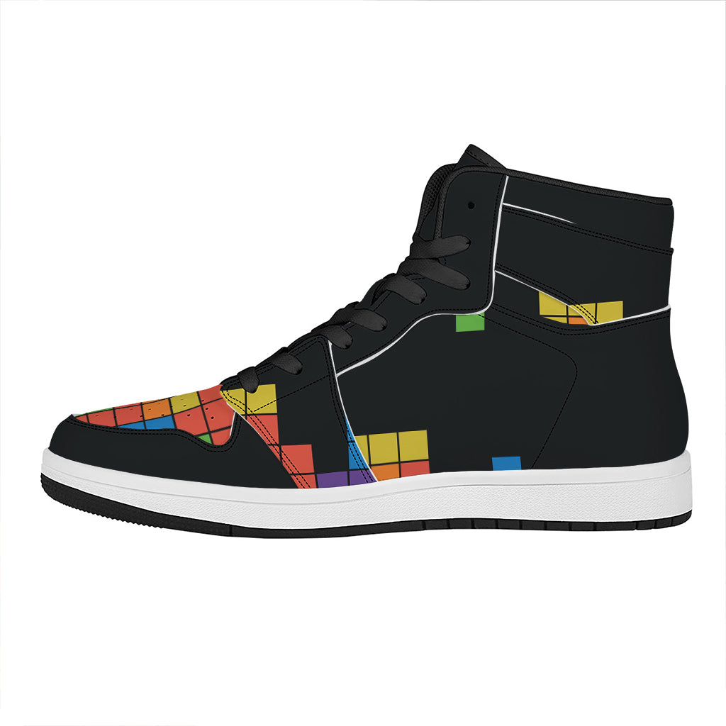 Colorful Brick Puzzle Video Game Print High Top Leather Sneakers