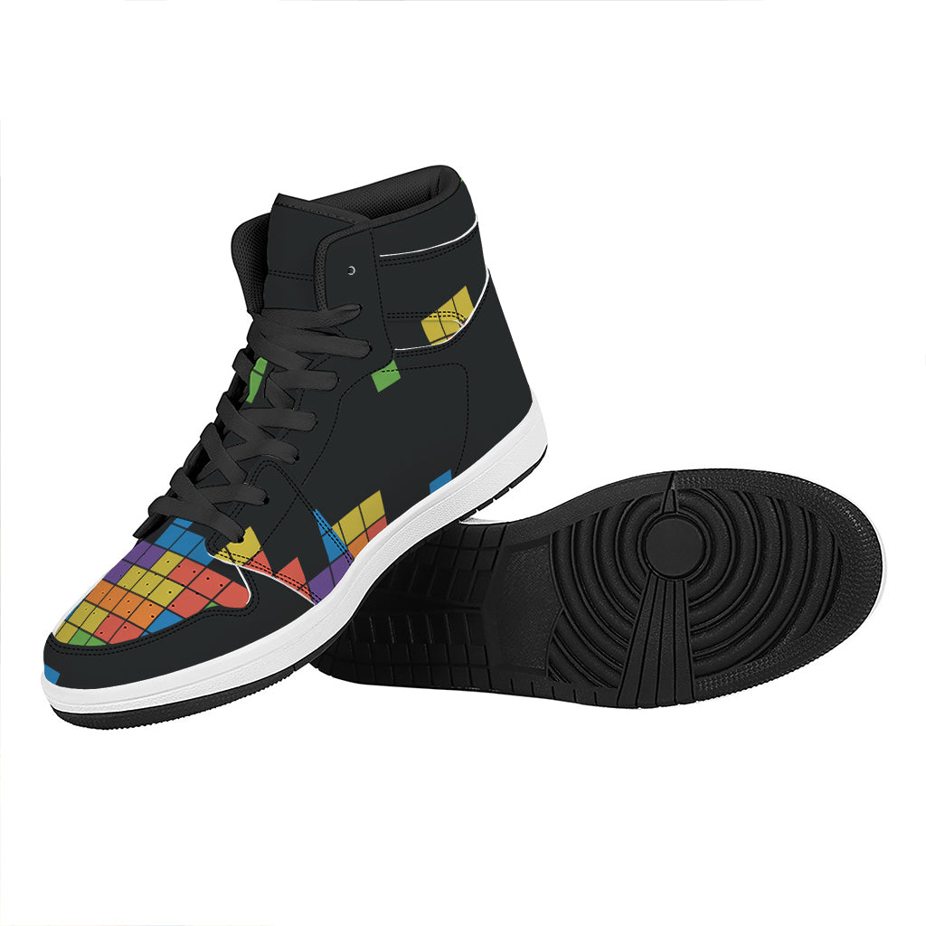 Colorful Brick Puzzle Video Game Print High Top Leather Sneakers