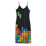 Colorful Brick Puzzle Video Game Print Jersey Midi Cami Dress