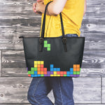 Colorful Brick Puzzle Video Game Print Leather Tote Bag