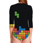 Colorful Brick Puzzle Video Game Print Long Sleeve Swimsuit