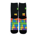 Colorful Brick Puzzle Video Game Print Long Socks