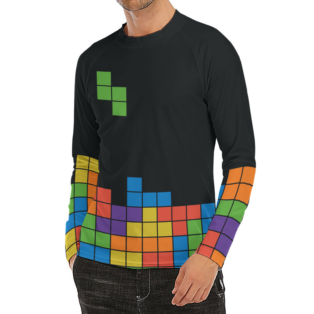 Colorful Brick Puzzle Video Game Print Men's Long Sleeve Rash Guard
