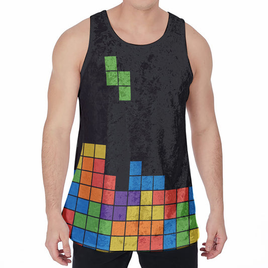 Colorful Brick Puzzle Video Game Print Men's Velvet Tank Top