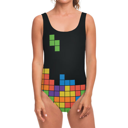 Colorful Brick Puzzle Video Game Print One Piece Swimsuit