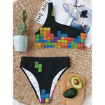 Colorful Brick Puzzle Video Game Print One Shoulder Bikini Top