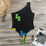 Colorful Brick Puzzle Video Game Print One Shoulder Bodysuit