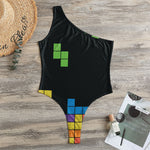 Colorful Brick Puzzle Video Game Print One Shoulder Bodysuit