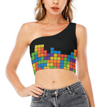 Colorful Brick Puzzle Video Game Print One Shoulder Crop Top