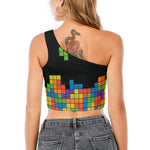 Colorful Brick Puzzle Video Game Print One Shoulder Crop Top