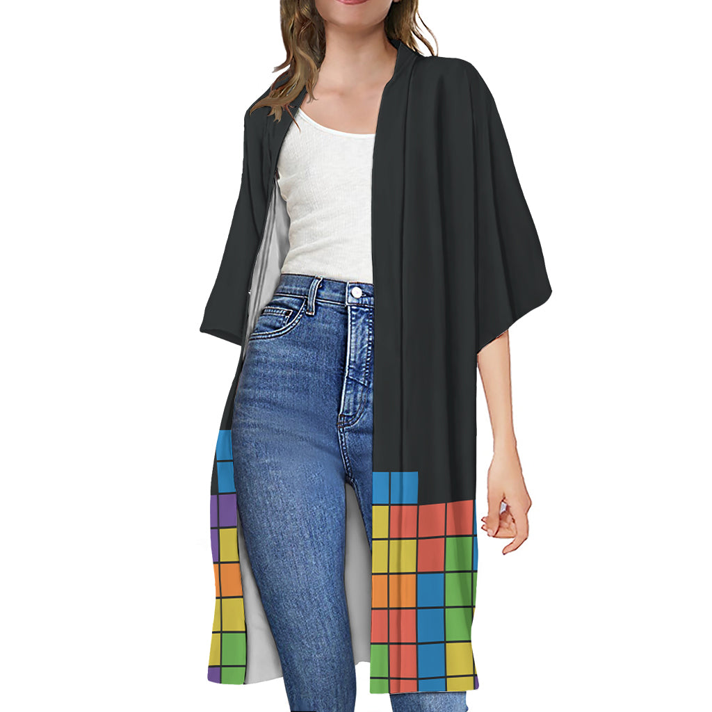 Colorful Brick Puzzle Video Game Print Open Front Beach Cover Up