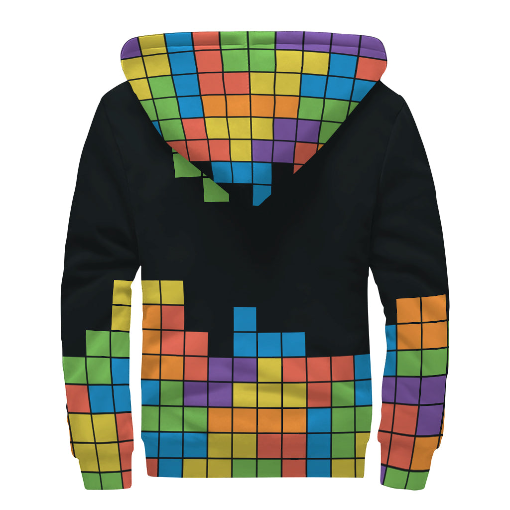 Colorful Brick Puzzle Video Game Print Sherpa Lined Zip Up Hoodie