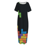 Colorful Brick Puzzle Video Game Print Short Sleeve Long Nightdress