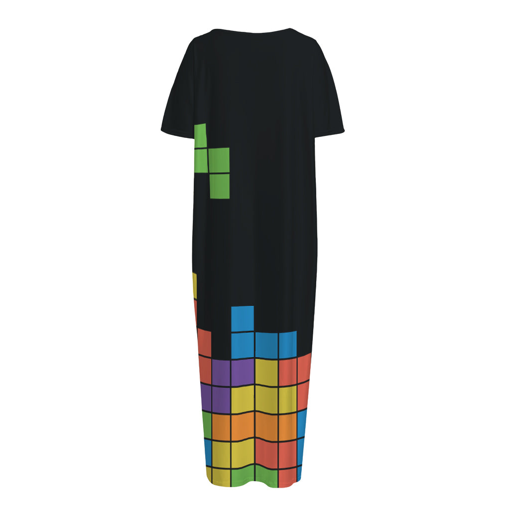Colorful Brick Puzzle Video Game Print Short Sleeve Long Nightdress