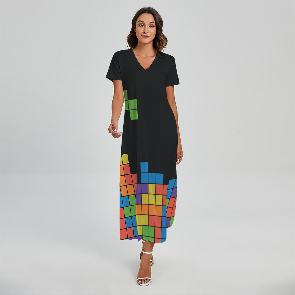 Colorful Brick Puzzle Video Game Print Short Sleeve Maxi Dress