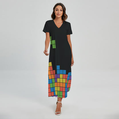 Colorful Brick Puzzle Video Game Print Short Sleeve Maxi Dress