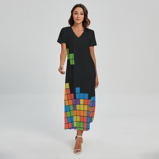 Colorful Brick Puzzle Video Game Print Short Sleeve Maxi Dress
