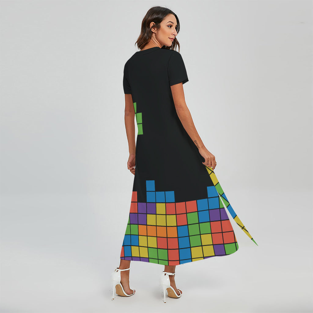 Colorful Brick Puzzle Video Game Print Short Sleeve Maxi Dress