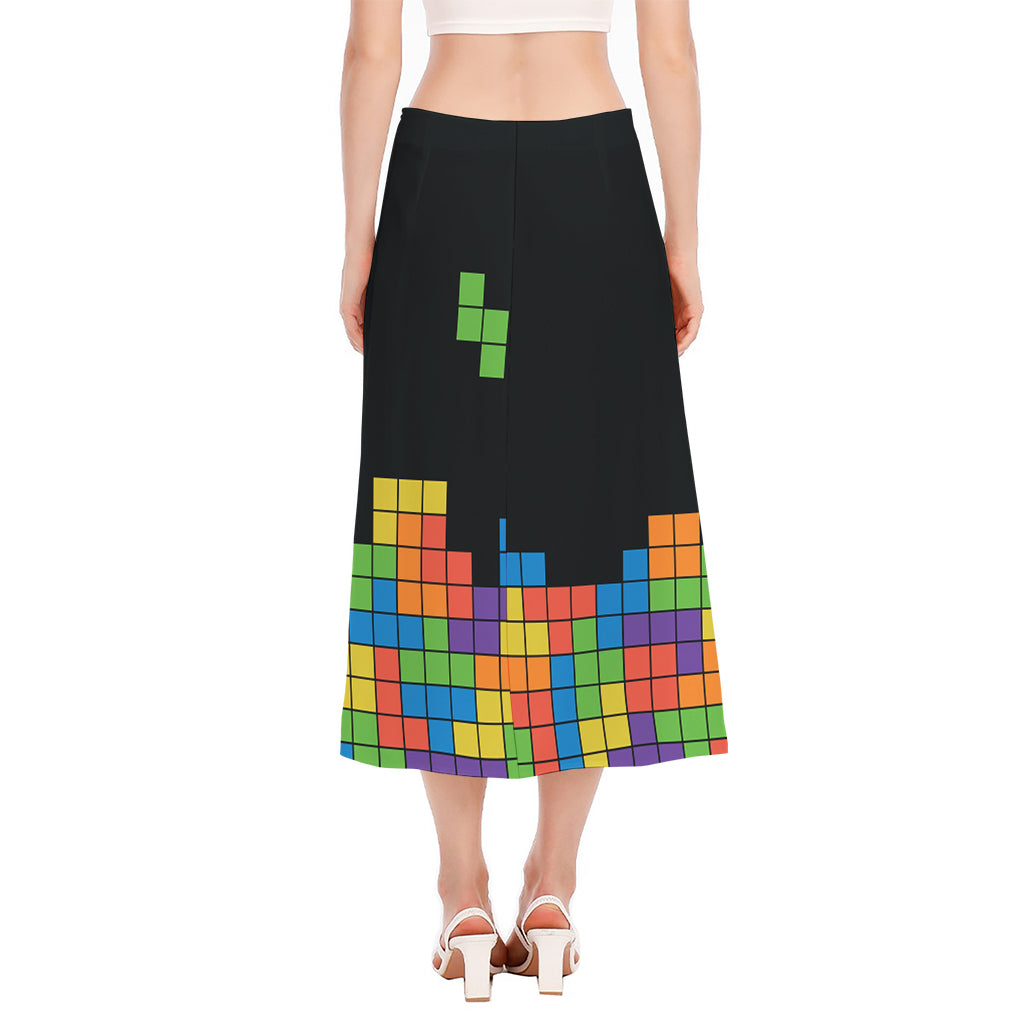 Colorful Brick Puzzle Video Game Print Side Slit Midi Skirt