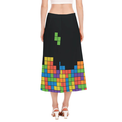Colorful Brick Puzzle Video Game Print Side Slit Midi Skirt