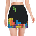 Colorful Brick Puzzle Video Game Print Side Slit Mini Skirt