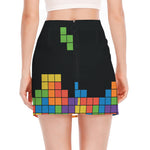 Colorful Brick Puzzle Video Game Print Side Slit Mini Skirt