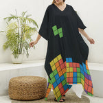 Colorful Brick Puzzle Video Game Print Silk V-Neck Kaftan Dress