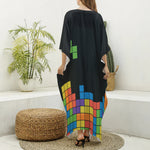 Colorful Brick Puzzle Video Game Print Silk V-Neck Kaftan Dress