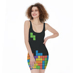 Colorful Brick Puzzle Video Game Print Sleeveless Bodycon Dress
