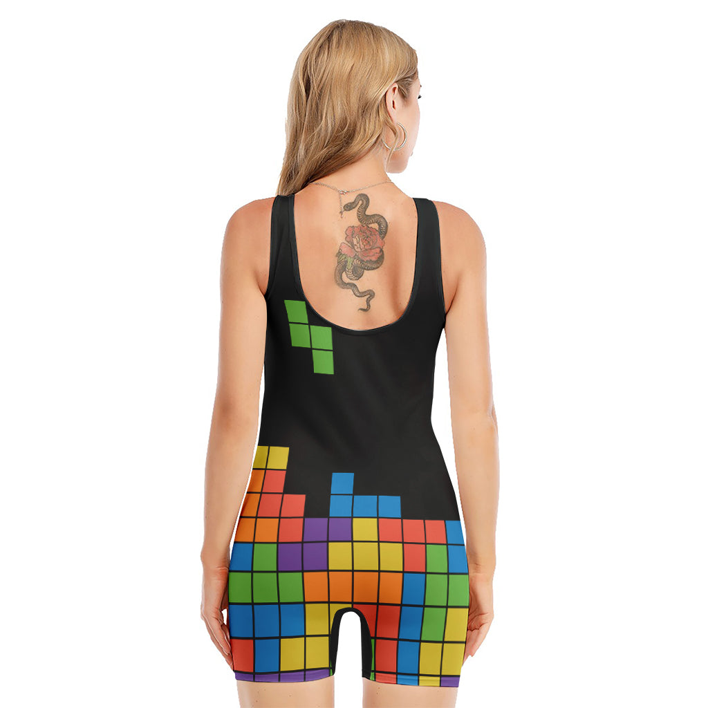 Colorful Brick Puzzle Video Game Print Sleeveless One Piece Swimsuit