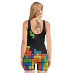 Colorful Brick Puzzle Video Game Print Sleeveless One Piece Swimsuit