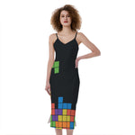 Colorful Brick Puzzle Video Game Print Slim Fit Midi Cami Dress