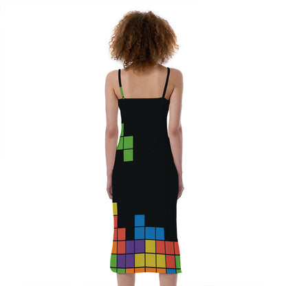 Colorful Brick Puzzle Video Game Print Slim Fit Midi Cami Dress