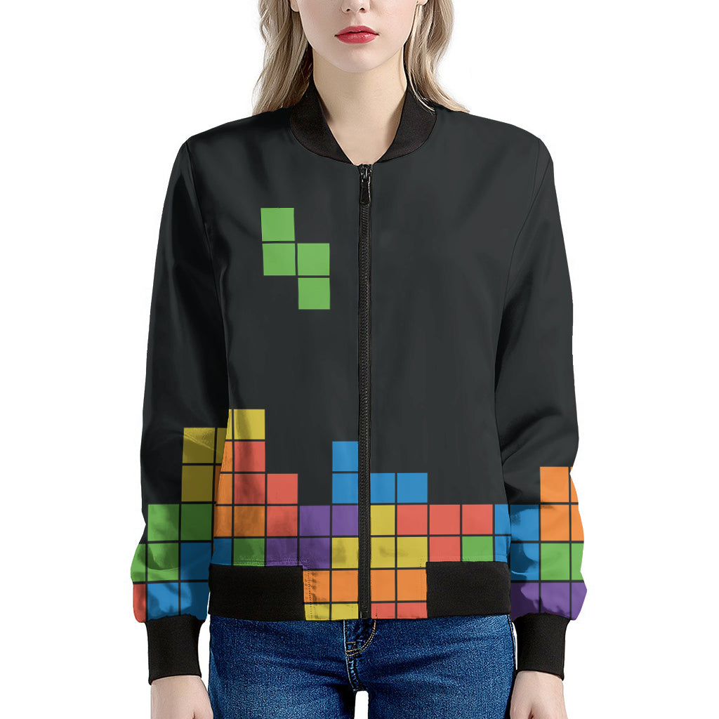 Colorful Brick Puzzle Video Game Print Women's Bomber Jacket