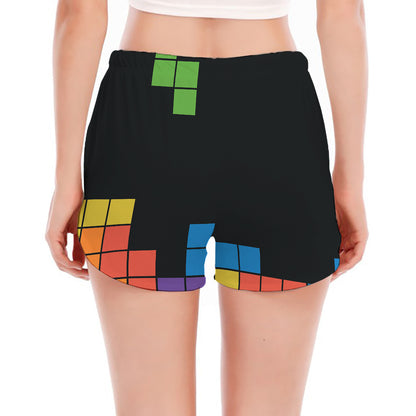 Colorful Brick Puzzle Video Game Print Women's Split Running Shorts