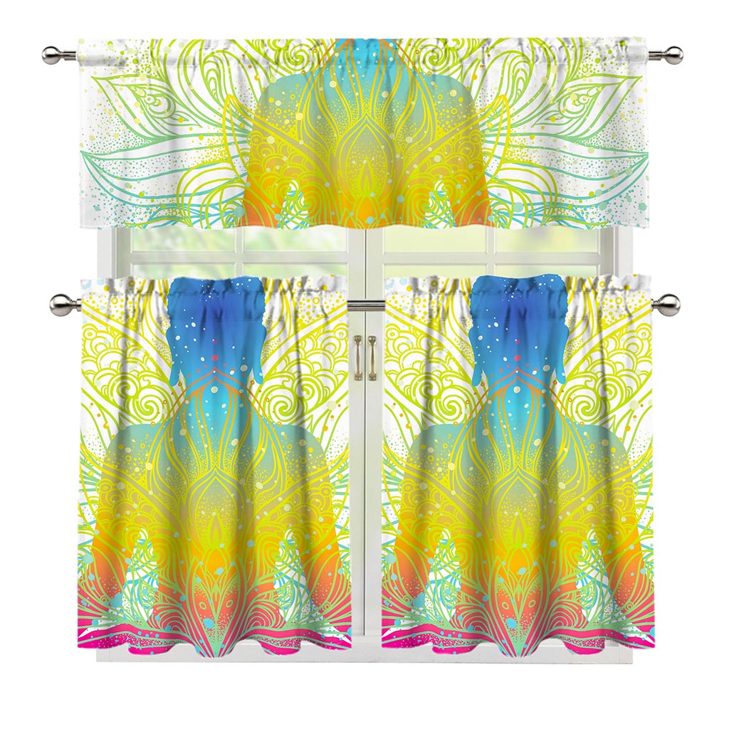 Colorful Buddha Lotus Print 3 Piece Kitchen Curtains